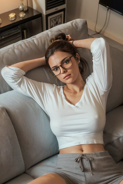 (Cinematic Grade), (Excellent), (Comic Book Style), (In a Dizzy Living Room: 1.5) (A 24-Year-Old Woman Lying on a Large Fabric Sofa: 1.4) (Wearing a White t Shirt: 1.3) tight grey cotton shorts, poking, (Brown Hair Tied Up in a Ponytail) (Wearing a Pair of Glasses) (Cinematic Grade) (Excellent Picture Quality) (In a Normal Living Room, Dim Lighting: 1.6)