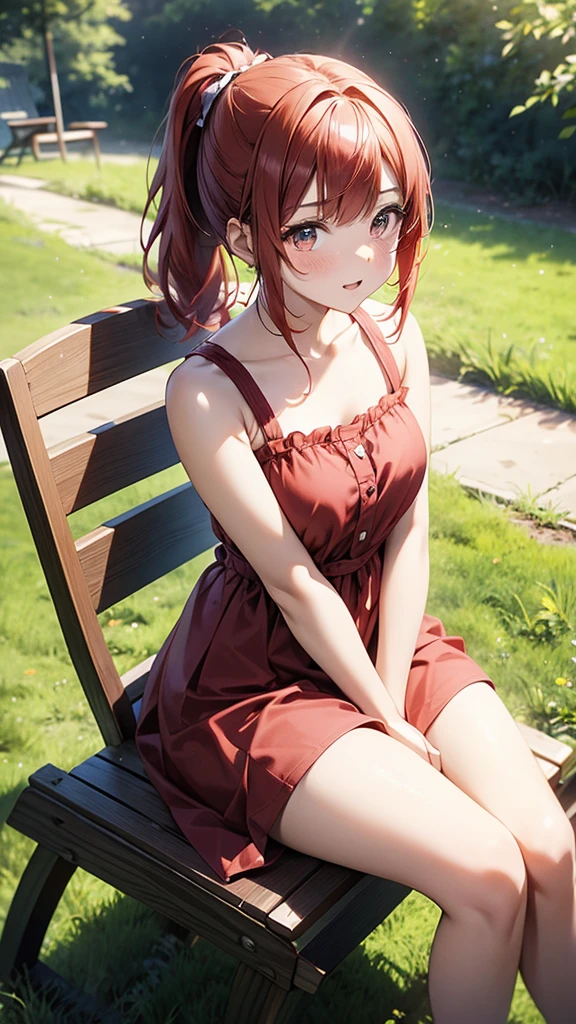 ore no imouto ga konna ni kawaii wake ga nai, 25-yers-old girl with crimson red hair- pulled up into twin ponytails, wearing a blue sundress, country field background, sitting in wooden chair