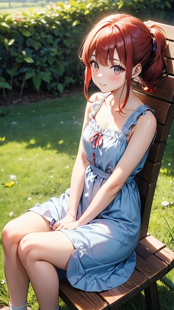 ore no imouto ga konna ni kawaii wake ga nai, 25-yers-old girl with crimson red hair- pulled up into twin ponytails, wearing a blue sundress, country field background, sitting in wooden chair 