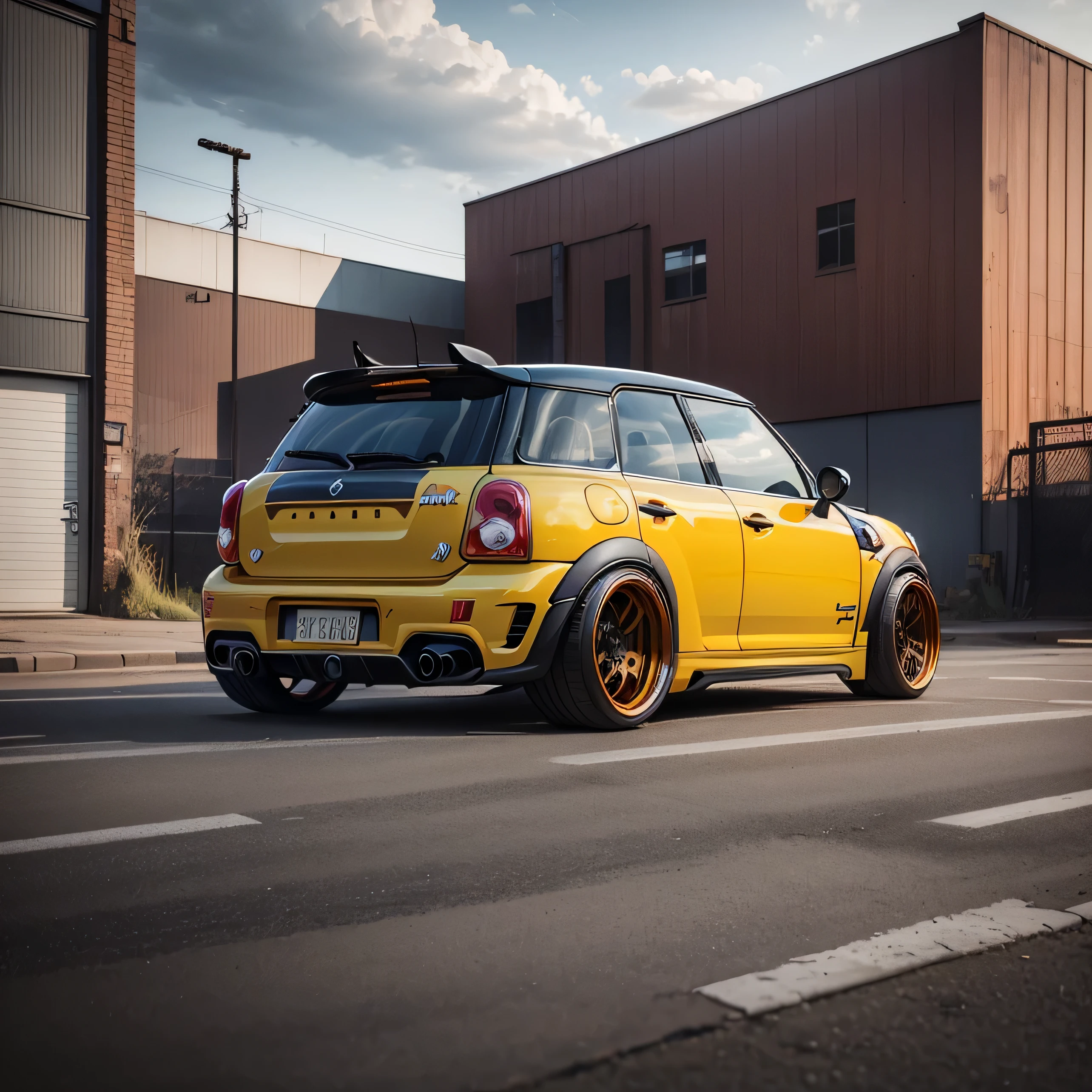 yellow Classic Mini Countryman with red roof, ((carbon fibre, Liberty walk ultra wide body kit)), aggressive stance ((background: outside old industrial style building, large windows in background, overcast sky, heavy industrial look, cobble stone street)), 8K quality, realistic, realism, sharp, detailed, ultrawide, black and carbon fibre and deep candy apple red scheme, front profile, epic stance, epic ultra wide body kit, super low stance, aggressive looks