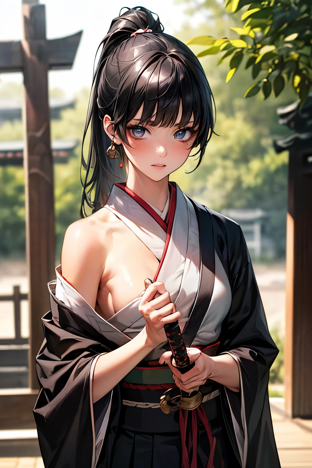 ((perfect anatomy:1.2,realistic:1.4,RAW Photography:1.4,masterpiece、highest quality、Ultra - High resolution、High resolution、Highly detailed CG、8K))),cowboy shot,1 female,solo、18 year old beauty,Japanese,((beautiful detailed face and eyes:1.3,gorgeous eyes:1.3,gray eyes)),black hair,long hair,straight hair,ponytail hair,blunt bangs,blush,(medium breasts,slender body,small head:1.2,skinny),(gleaming skin:1.4,oily skin:1.5,shiny skin)、((holding a Japanese sword in one hand、A detailed depiction of a Japanese sword)),Slashing action pose:1.5、Kendo uniform、kimono、Black Hakama、shrine、Domestic、Outdoor、