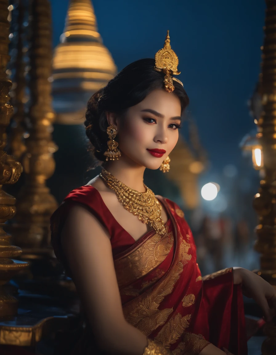(8k, RAW Photos, highest quality, masterpiece:1.2), (Realistic, photo-Realistic:1.37),st. Louis (luxury wheels) (Azur Lane),One girl,(Myanmar girl), (Charming monkey:1),hair ornaments, Portraiture, (Myanmar traditional costume:1.1), necklace, Blue Claws,cute,Cityscape, night, rain, Wet, Professional Lighting, Photon Mapping, Radio City, Physically Based Rendering, Background Shwedagon Pagoda