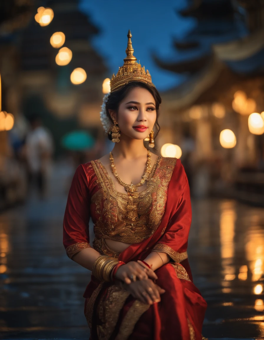 (8k, RAW Photos, highest quality, masterpiece:1.2), (Realistic, photo-Realistic:1.37),st. Louis (luxury wheels) (Azur Lane),One girl,(Myanmar girl), (Charming monkey:1),hair ornaments, Portraiture, (Myanmar traditional costume:1.1), necklace, Blue Claws,cute,Cityscape, night, rain, Wet, Professional Lighting, Photon Mapping, Radio City, Physically Based Rendering, Background Shwedagon Pagoda