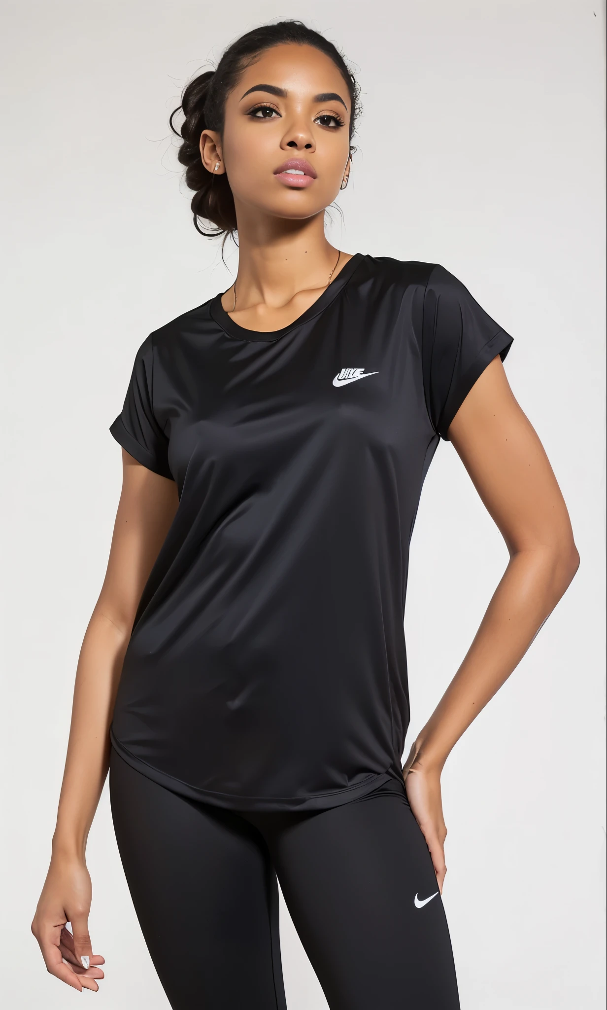 a woman in Top preto and leggings posing for a picture, wearing a Camiseta preta, vestindo camiseta preta, Manga curta, vestindo uma camiseta preta, camiseta preta, camisa preta, camisa nike, camiseta preta, Camiseta preta, wearing a camisa preta, roupa preta, Top preto, camisa de malha, roupas esportivas, camiseta esportiva, camisa preta