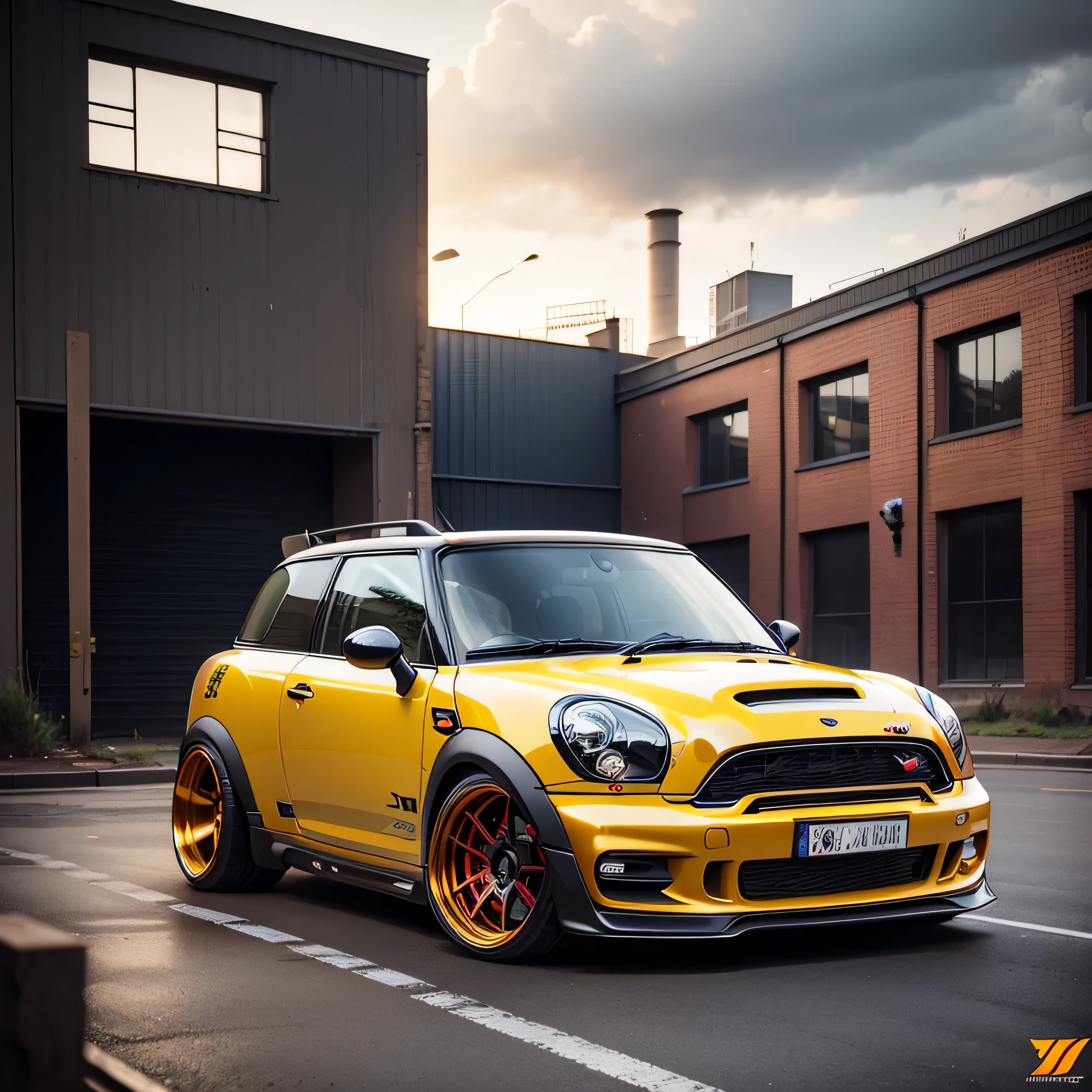 yellow Classic Mini Countryman with red roof, ((carbon fibre, Liberty walk ultra wide body kit)), aggressive stance ((background: outside old industrial style building, large windows in background, overcast sky, heavy industrial look, cobble stone street)), 8K quality, realistic, realism, sharp, detailed, ultrawide, black and carbon fibre and deep candy apple red scheme, front profile, epic stance, epic ultra wide body kit, super low stance, aggressive looks