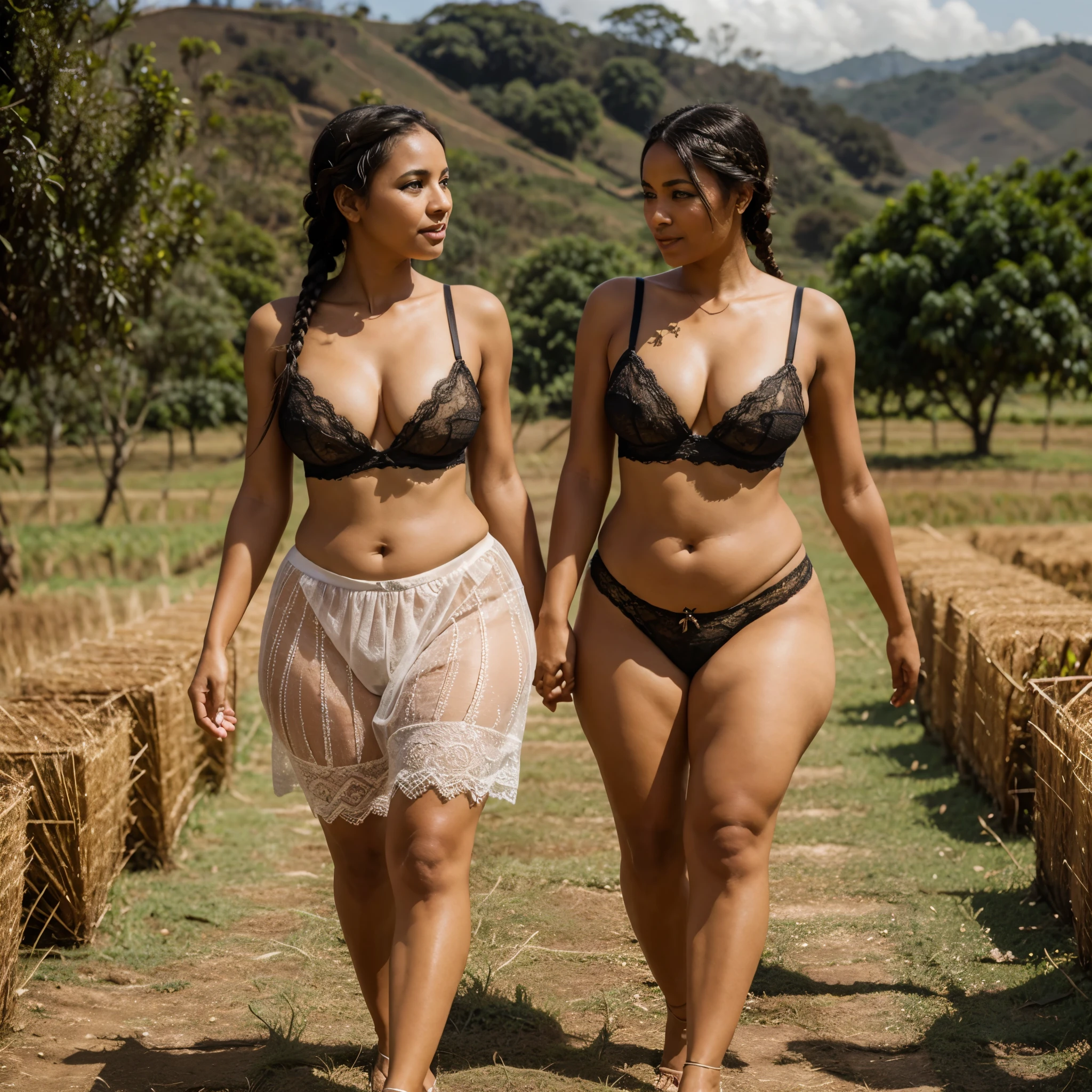 A beautiful braided mature Dominican women dressed in beautiful lace lingerie walking along the fields of Colombia realistic