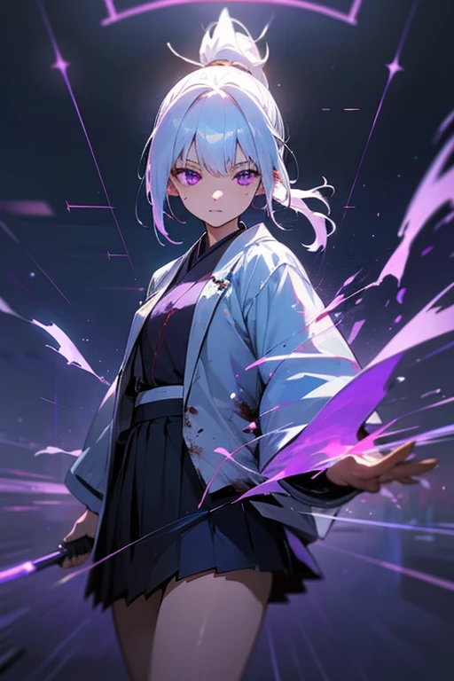 1 girl, Japanese clothes, ponytail ,white hair, purple eyes, magic circle, blue light, เปลวblue light, Wallpaper, terrain, blood, blood splatter, depth of field, nighttime, light particles, light rays, On the side of the road, thigh, fortune \(set\),Anime, ****, open jacket, skirt, thighสูง, cloud