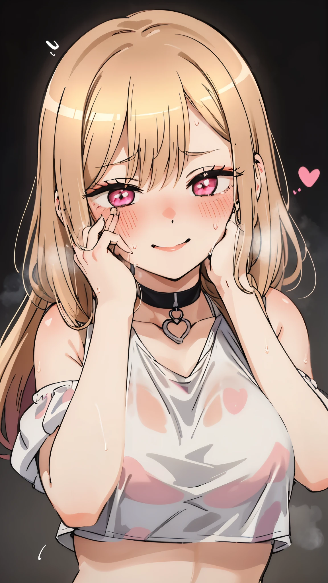 One girl,heart-shaped pupils,nail,put your hand on your face,(blush:1.1),choker,Upper Body,trembling,Sweat,Sweatdrop,heart,(Speed Line:1.1),Medium chest, ((Heavy breathing:1.3)), like, heart, Crop top, Happy, smile