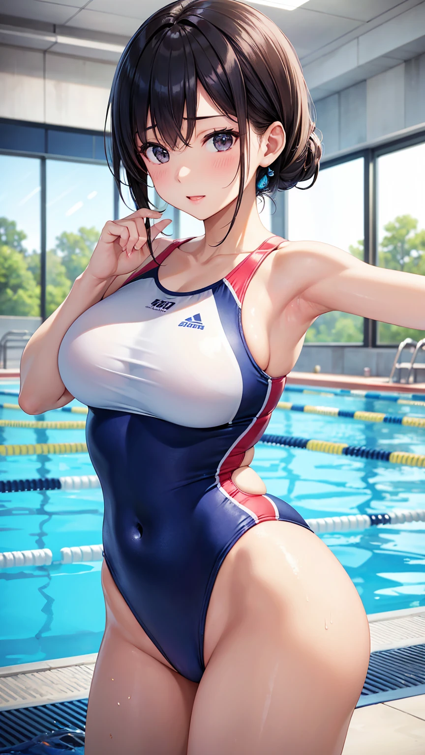 Highest quality、masterpiece、Realistic photos、Dynamic Angle、Dynamic Pose、Female student、Competitive swimsuit that looks like it's going to burst、Best Style、At the school pool
