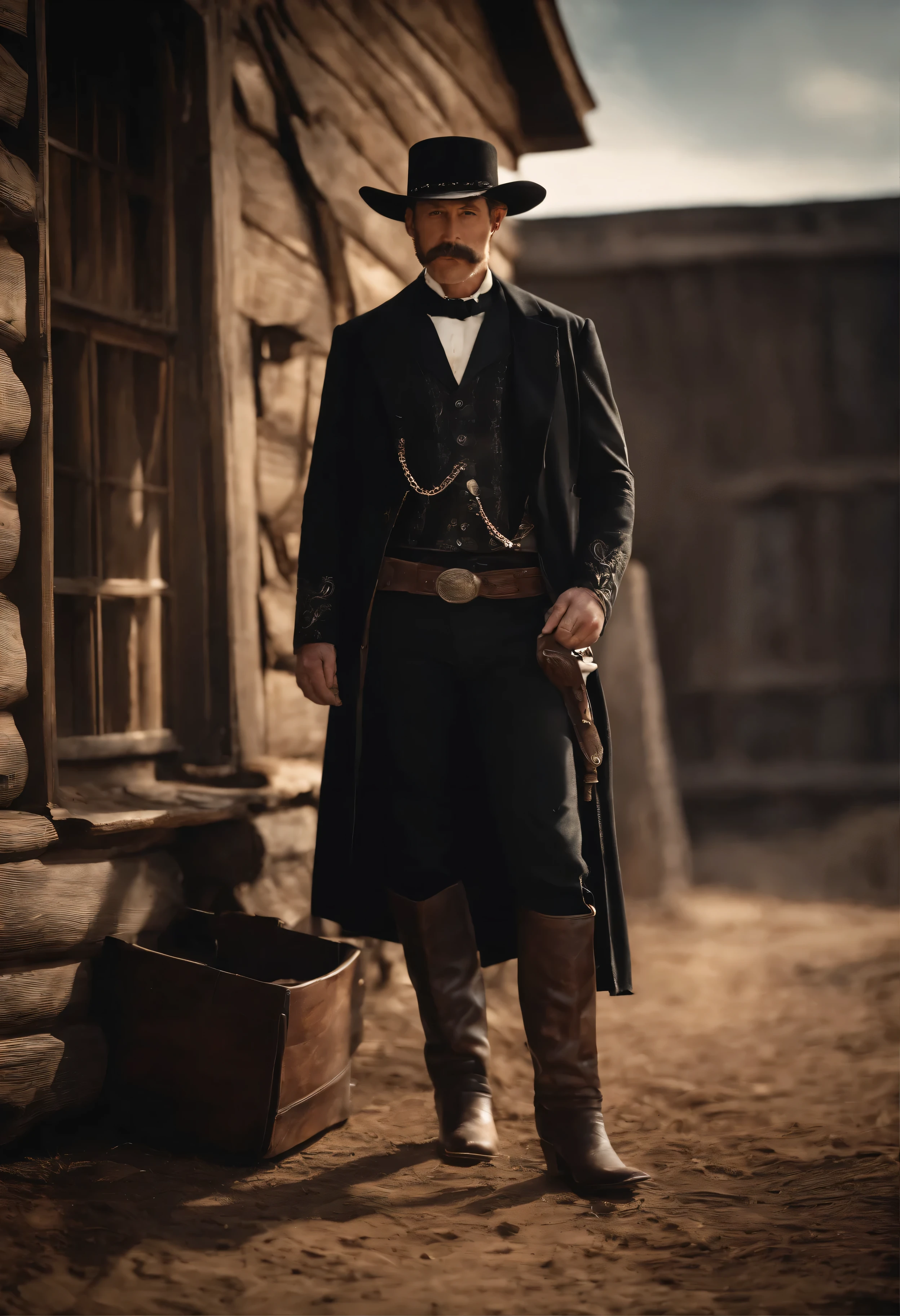 Black Costumeに身を包み、Wyatt Earp smiling、In the foreground of this 8K ultra-high definition image is the々Standing there。The close-up shot focuses on his upper body.、It captures all the intricate details of the worn fabric and weathered leather texture of the boots.。This scene、Paint peeling off、The backdrop is an old Midwestern house with creaking wood.、A sense of history and authenticity。Vivid colors and realistic textures、Create dynamic and visually striking scenes、Impressive。(magazine:1.3)、(Cover Style:1.3)、historic、cowboy、Black Costume、close