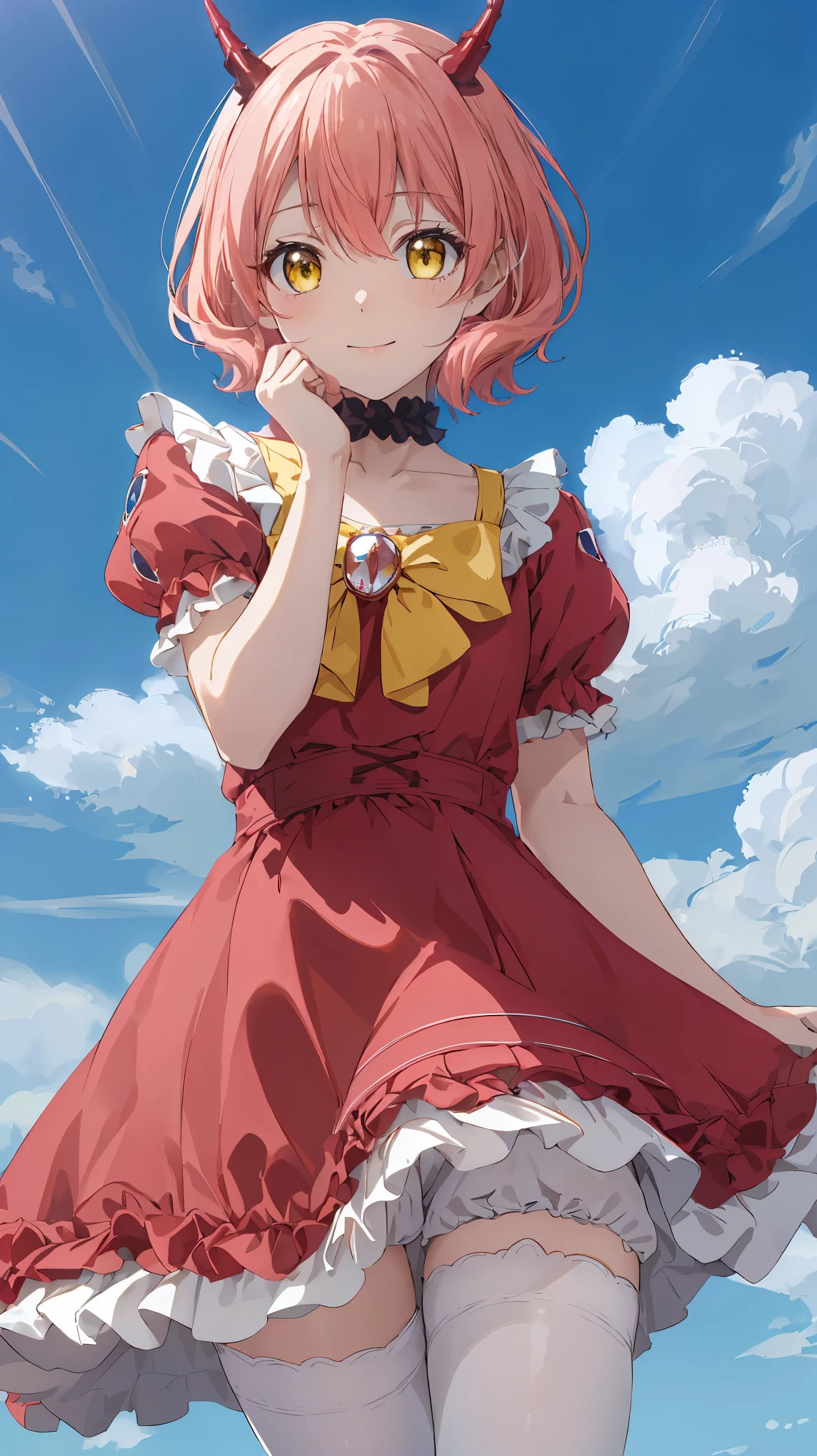 upper body,smile, leaning back,(knees to chest,knees up), (upskirt wind lift:1.2), ((flying high in the sky,blue sky,White cloud)),hanako, short hair, (yellow eyes:1.3), pink hair, horns,dress, bow, tail, pantyhose,red dress, red footwear,(white bloomers,frills), collarbone, gemstone, juliet sleeves, puffy sleeves, choker, masterpiece,Noise Reduction,perfect anatomy,high resolution, ultra-detailed,game cg,dutch angle ,beautiful detailed eyes,visualart,five fingers, perfect hands, perfect lighting,