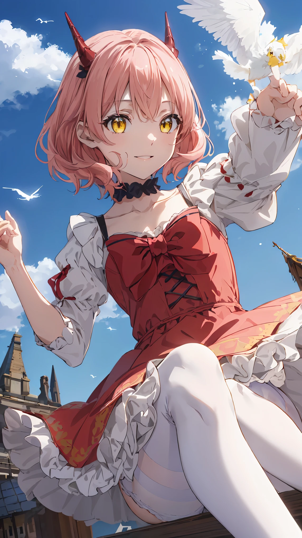 upper body,smile, leaning back,(knees to chest,knees up:1.3), (upskirt wind lift:1.2), ((flying high in the sky,blue sky,White cloud,falling)),hanako, short hair, (yellow eyes:1.3), pink hair, horns,dress, bow, tail, pantyhose,red dress, red footwear,(white bloomers,frills), collarbone, gemstone, juliet sleeves, puffy sleeves, choker, masterpiece,Noise Reduction,perfect anatomy,high resolution, ultra-detailed,game cg,dutch angle ,beautiful detailed eyes,visualart,five fingers, perfect hands, perfect lighting,