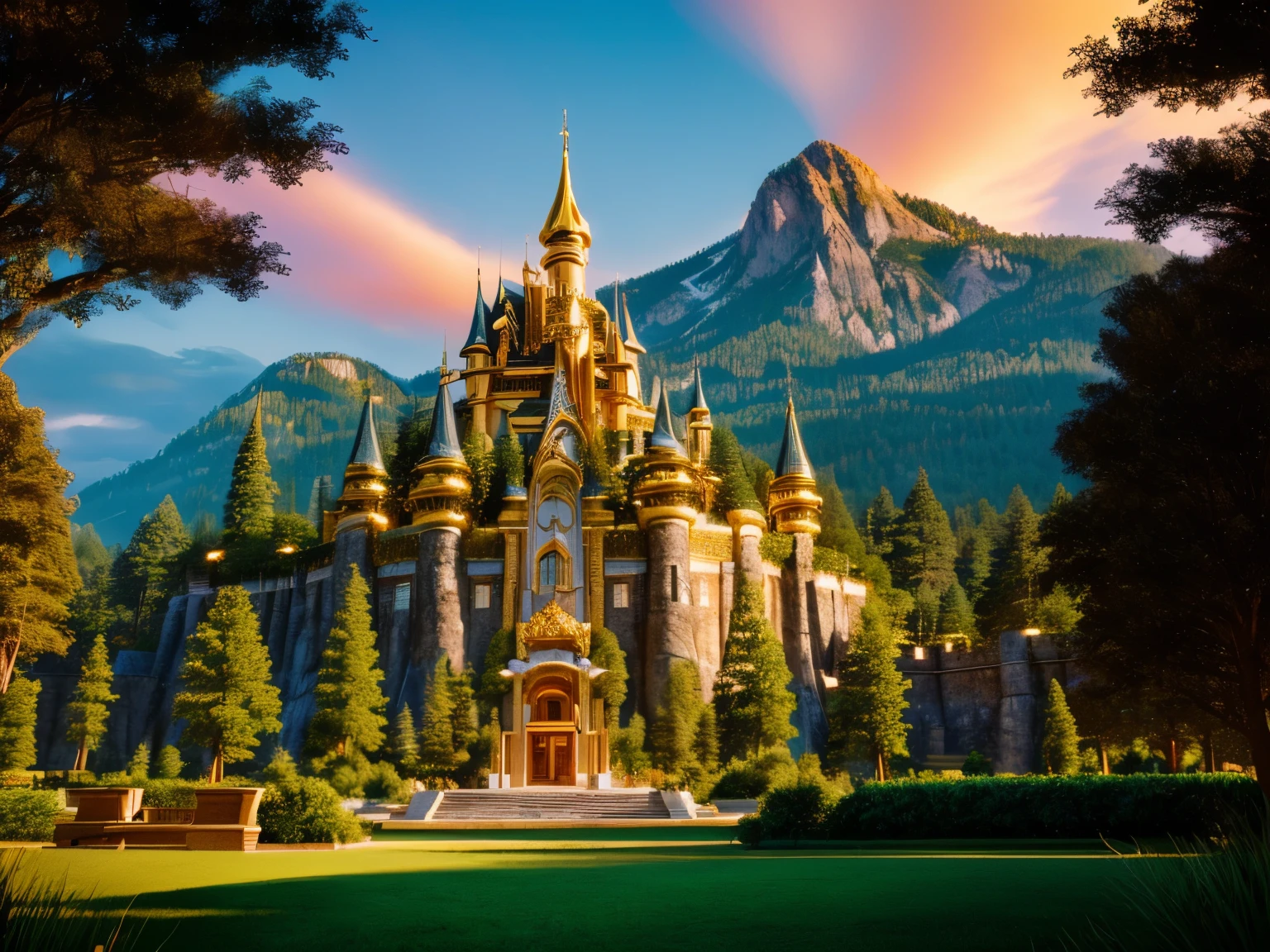 Very high quality background image that does not show people
A luxurious golden castle in the middle of a large forest, just like El Dorado