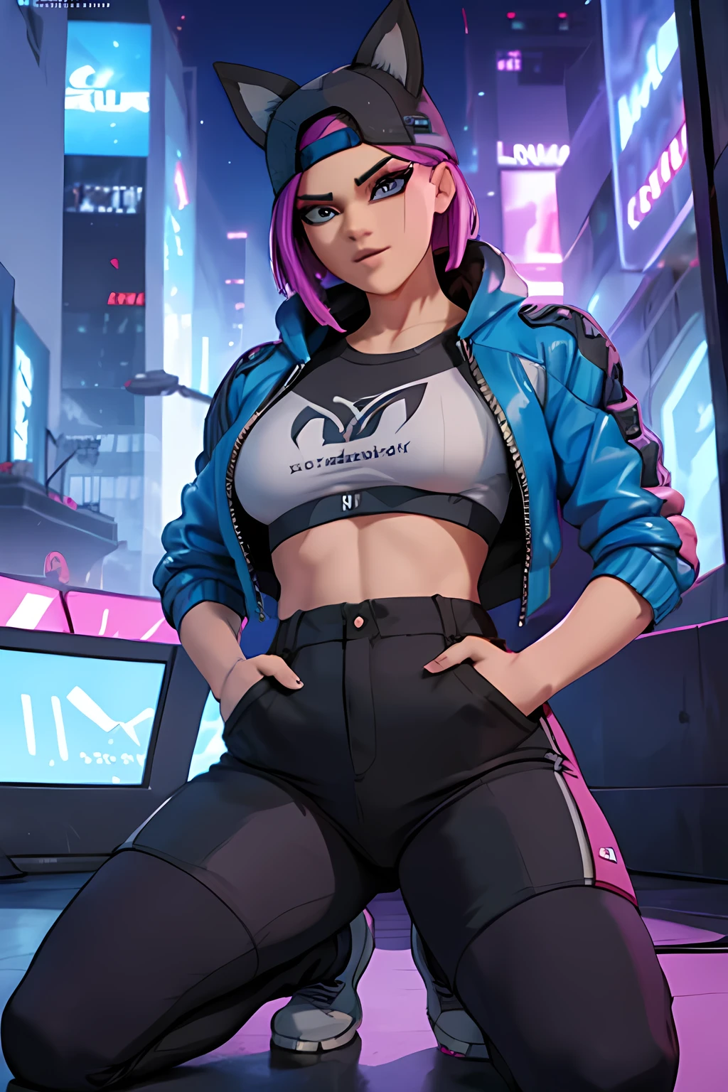 Lynx , sentada, cyberpunk Noche , jogger pants , chaqueta Gris y Azul,Extremadamente detallado, rostro detallado , pies ,hermoso rostro, ojos finos detallados, pose femenino