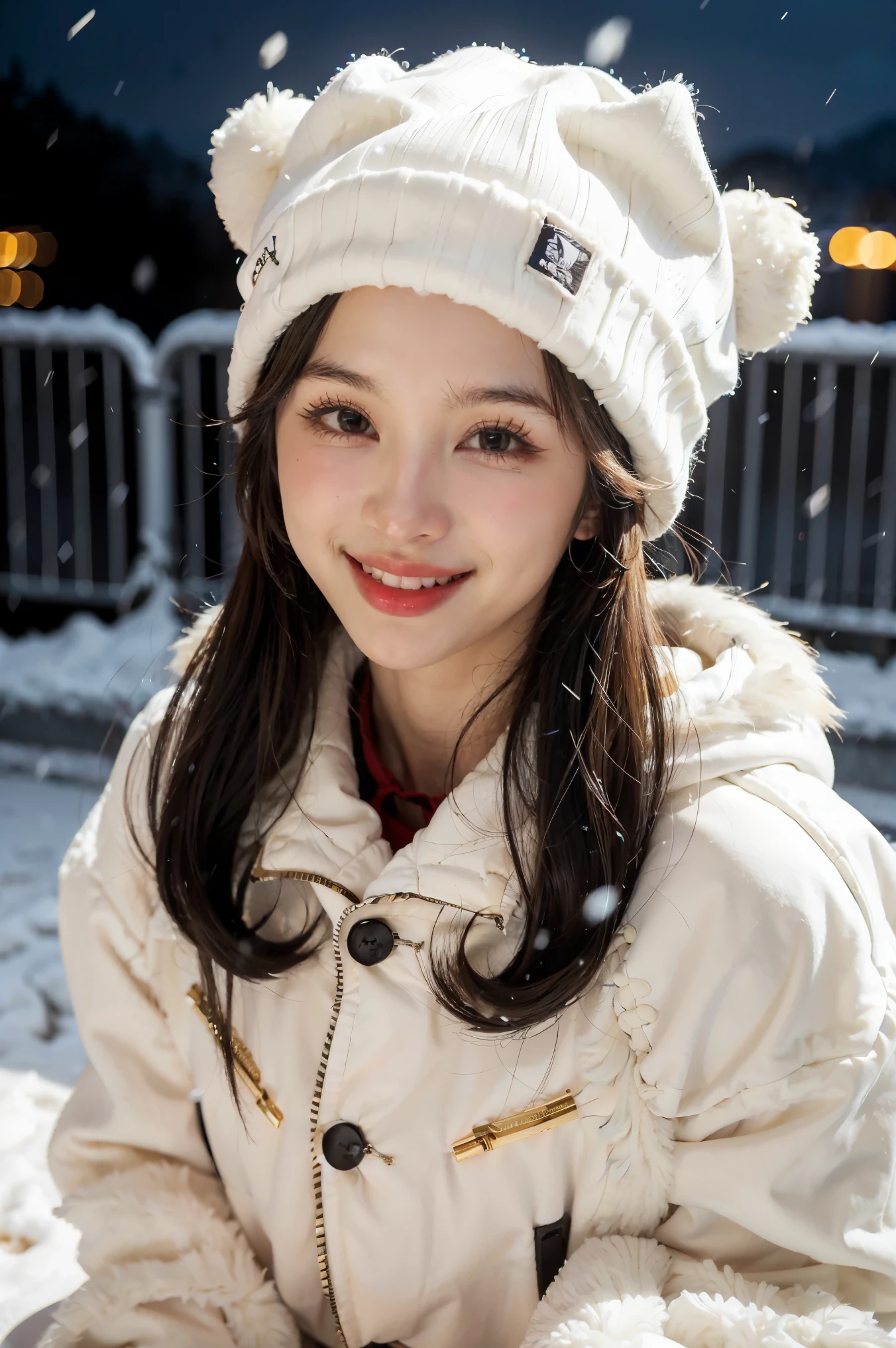 masterpiece, best quality, 1girl, white snow mountain background, black hair, Long curly hair, face front, ((white fashion hip hop plush fur jacket with white swirling vortexes pattern)), ((white plush hat)), smile, happy (close up portrait), make up, studio light, (Snowing)
