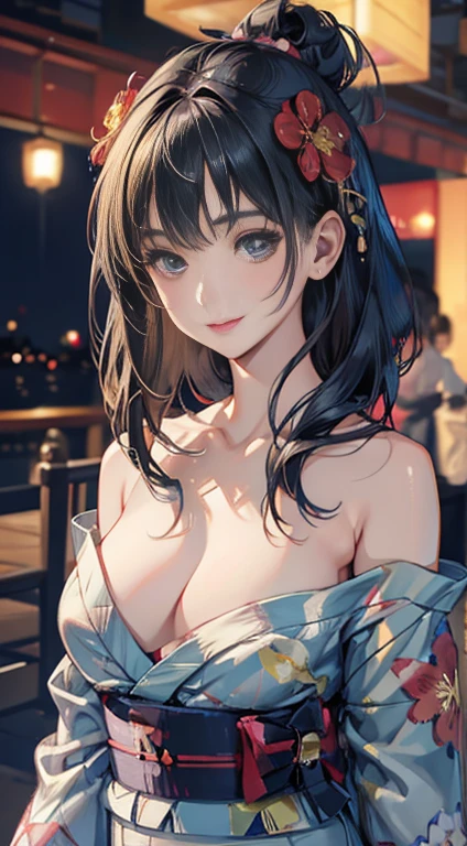 (one young girl), very cute face, wonderful face and eyes, (highly detailed eyes, highly detailed face), Fresh, very beautiful appearance, (Ultra-realistic, High resolution), (highest quality:1.4), RAW photo, (realistic, Photoreal:1.37), professional photography, (floral pattern yukata:1.5), (Open yukata), (cleavage:1.2), (bare shoulders), smile a little, (look at me), Bedroom, girl portrait,