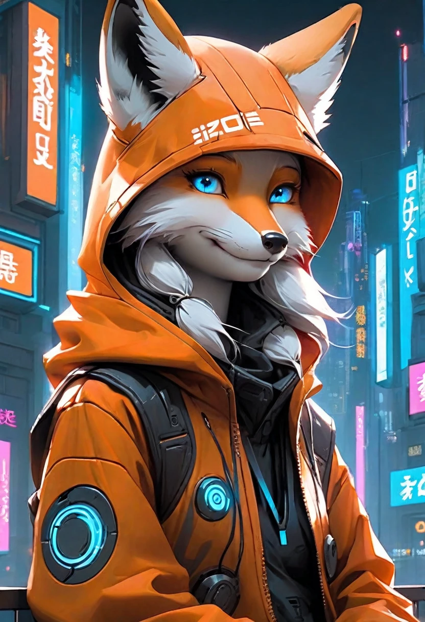 (Cute cartoon, CuteCartoonAF. | A masterpiece in maximum resolution 16K. | (cute cartoon style). | front view (solo adorable fox cyberpunk citizen) (meditating in a spacious Japanese pavilion), (wear a fashionable hoodie), ((mechanical cyberpunk)). | (((soft smile, I look at the viewer))), (bright blue eyes), ((one of the eyes is mechanical)). | cyberpunk cityscape in the background. | ((more detail))