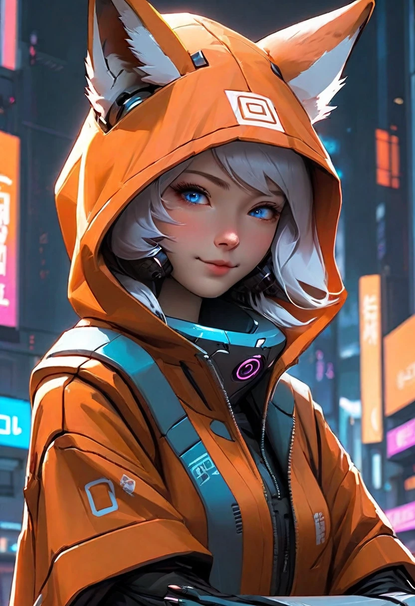 (Cute cartoon, CuteCartoonAF. | A masterpiece in maximum resolution 16K. | (cute cartoon style). | front view (solo adorable fox cyberpunk citizen) (meditating in a spacious Japanese pavilion), (wear a fashionable hoodie), ((mechanical cyberpunk)). | (((soft smile, I look at the viewer))), (bright blue eyes), ((one of the eyes is mechanical)). | cyberpunk cityscape in the background. | ((more detail))