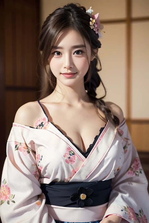 (one young girl), very cute face, wonderful face and eyes, (highly detailed eyes, highly detailed face), Fresh, very beautiful appearance, (Ultra-realistic, High resolution), (highest quality:1.4), RAW photo, (realistic, Photoreal:1.37), professional photography, (floral pattern yukata:1.5), (Open yukata), (cleavage:1.2), (bare shoulders), smile a little, (look at me), Bedroom, girl portrait, 