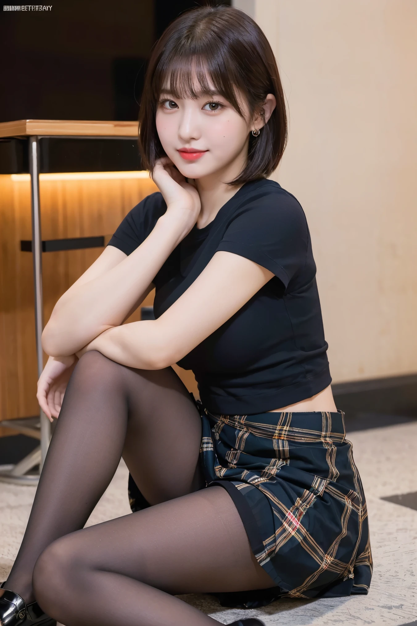 8k), (highest quality: 1.2), (Realistic), (Realistic: 1.37), Ultra-high resolution, (1 girl), cute, A shy smile, Mouth closed,(Red cheeks with embarrassment:1.2), Beautiful details, Beautiful Nose, Black short bob hair, bangs,Giant Dulcefo, pork, Thighs，Self Snap,University Uniforms,(Simple white Y-shirt),Pleated skirt,(The pattern of the skirt is a tartan check pattern.....:1.3),(Sitting:1), Sitting on the ground in the city at night,(Hug my feet:1), (closed up shiny pantyhose:1.2),Bring your face closer