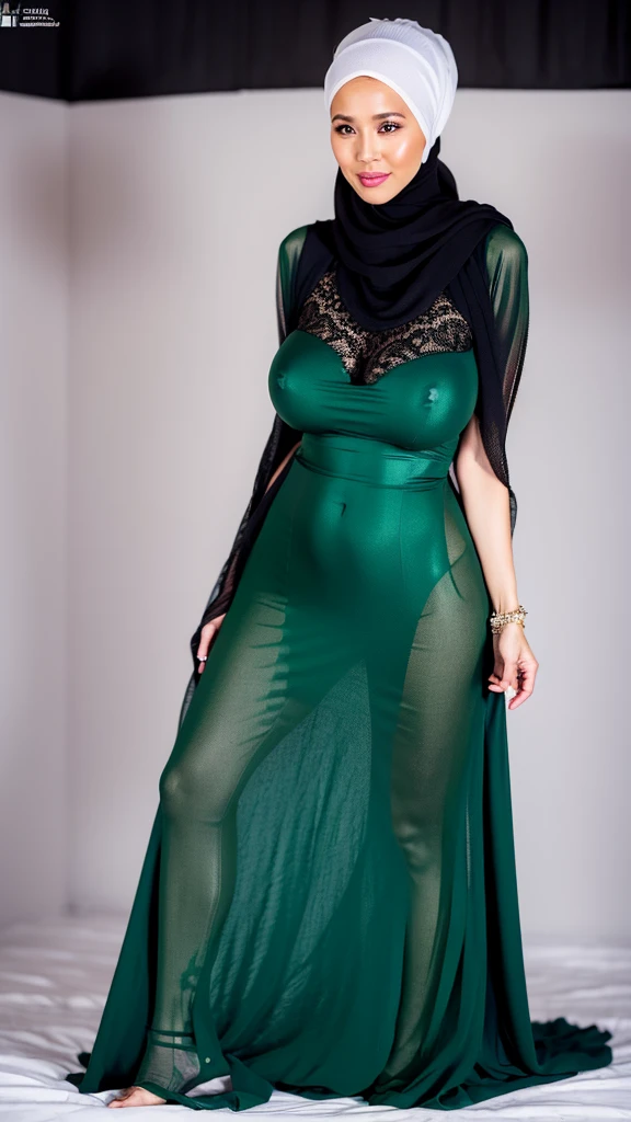 38Years Old, Hijab Beautiful european Mature woman, female Manager, Wearing greenTransparent wet Tight Gamis, Droopiest Gigantic Saggy Mature : 26.9, curvy body, proporsional mature body, full body, seductive pose, Very Dark Light, NightTime, musk