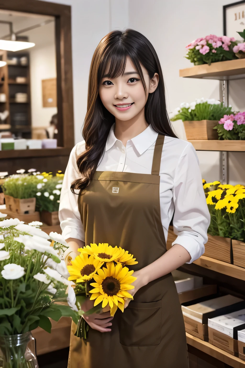 Tabletop、High resolution、Florist clerk、22-year-old girl、1Girl clerk、(She is wearing a simple brown apron over a white blouse.)、Looking at the camera.、smile、Finish as shown in the picture、Flower and girl、Her skin is white and beautiful、hair is long and beautiful、Black-haired、Hair should be tied back、Slender、There are many colorful flowers in the store..、The flowers in the foreground too
