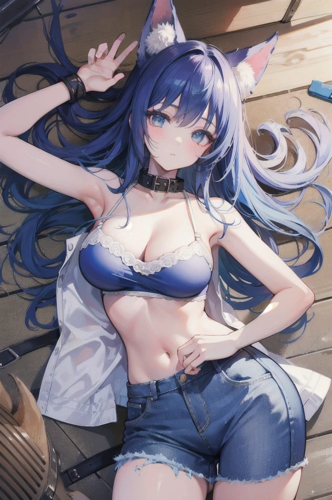high quality, masterpiece, Ultra Detailed, 1 girl,handcuffs,collar,Fox ears, Girl in white OK and tight denim skirt posing for photo, whole body,Large Breasts , OK, slim, Extremely detailed facial details, Blue Camouflage Bikini,牛仔短裤slim的女孩模特, 24-year-old female model, Lying on a construction site,