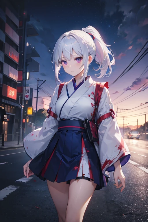 1 girl, Japanese clothes, ponytail ,white hair, purple eyes, magic circle, blue light, เปลวblue light, Wallpaper, terrain, blood, blood splatter, depth of field, nighttime, light particles, light rays, On the side of the road, thigh, fortune \(set\),Anime, ****, open jacket, skirt, thighสูง, cloud