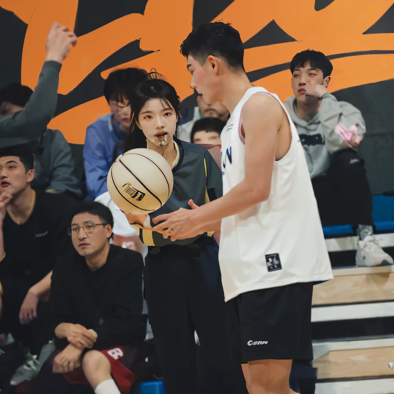 there is a man holding a basketball ball while a woman holds it, 😭 🤮 💕 🎀, playing basketball, wearing basketball jersey, ruan jia and fenghua zhong, grainy low quality, wenjun lin, dribble contest winner, steve zheng, shot with canon eoa 6 d mark ii, cover shot, 🤬 🤮 💕 🎀