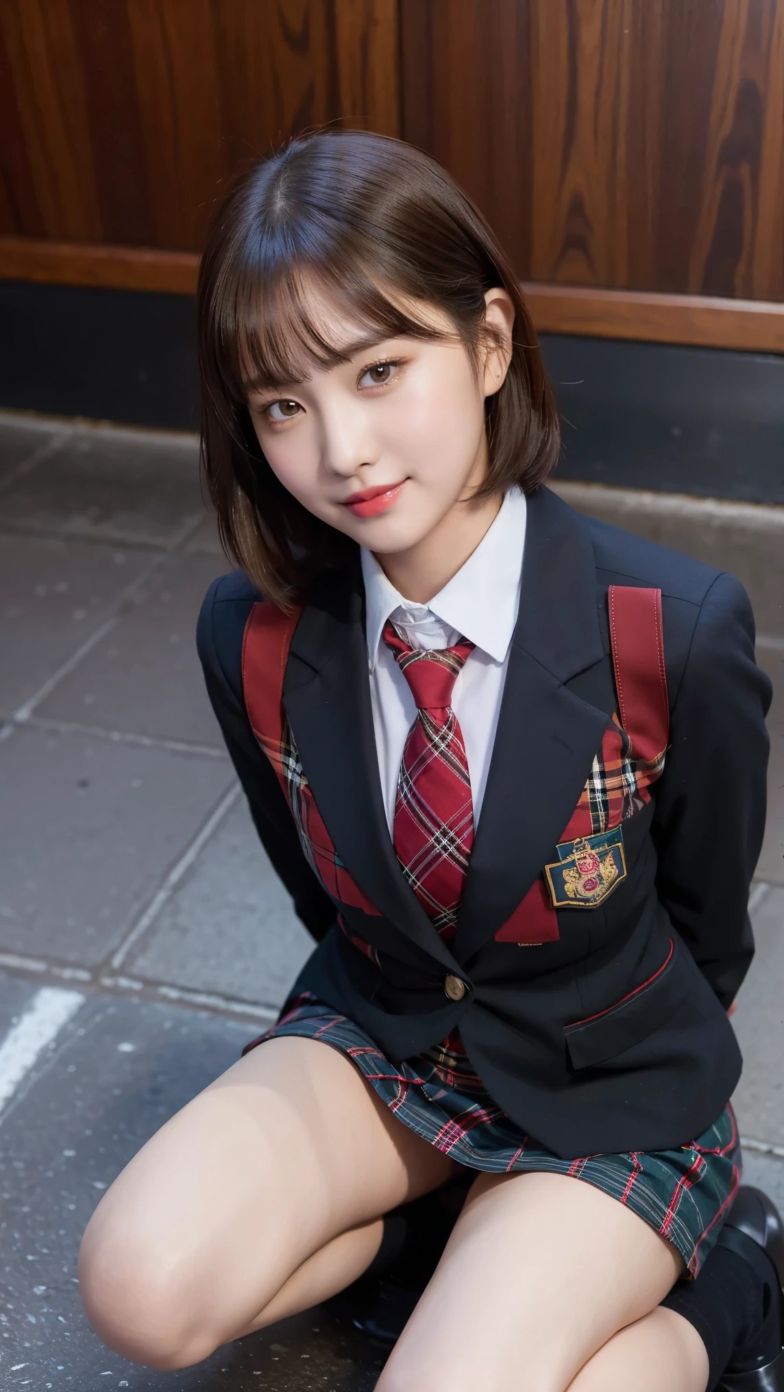 8k), (highest quality: 1.2), (Realistic), (Realistic: 1.37), Ultra-high resolution, (1 girl), cute, A shy smile, Mouth closed,Red cheeks with embarrassment, Beautiful details, Beautiful Nose, Black short hair, bangs,Giant Dulcefo, pork, Thighs,Self Snap,University Uniforms,A simple blazer,Pleated skirt,(The pattern of the skirt and tie is a tartan check pattern.....:1.3),(Sitting:1), Sitting on the ground in the city at night,(Hug my feet:1),Mr..々Opaque tights in various colors,(From the side),From above,Bring your face closer