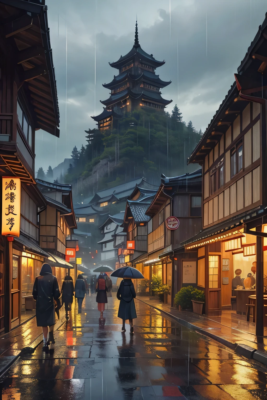 arafed view of a village with a lot of lights on the buildings, dreamy chinese town, chinese village, amazing wallpaper, japanese town, japanese village, hyper realistic photo of a town, old asian village, japanese city, by Raymond Han, rainy evening, cyberpunk chinese ancient castle, beautifully lit buildings, at evening during rain, beautiful and aesthetic, photography, cinematic, 8k, high detailed ((Heavy rain)))