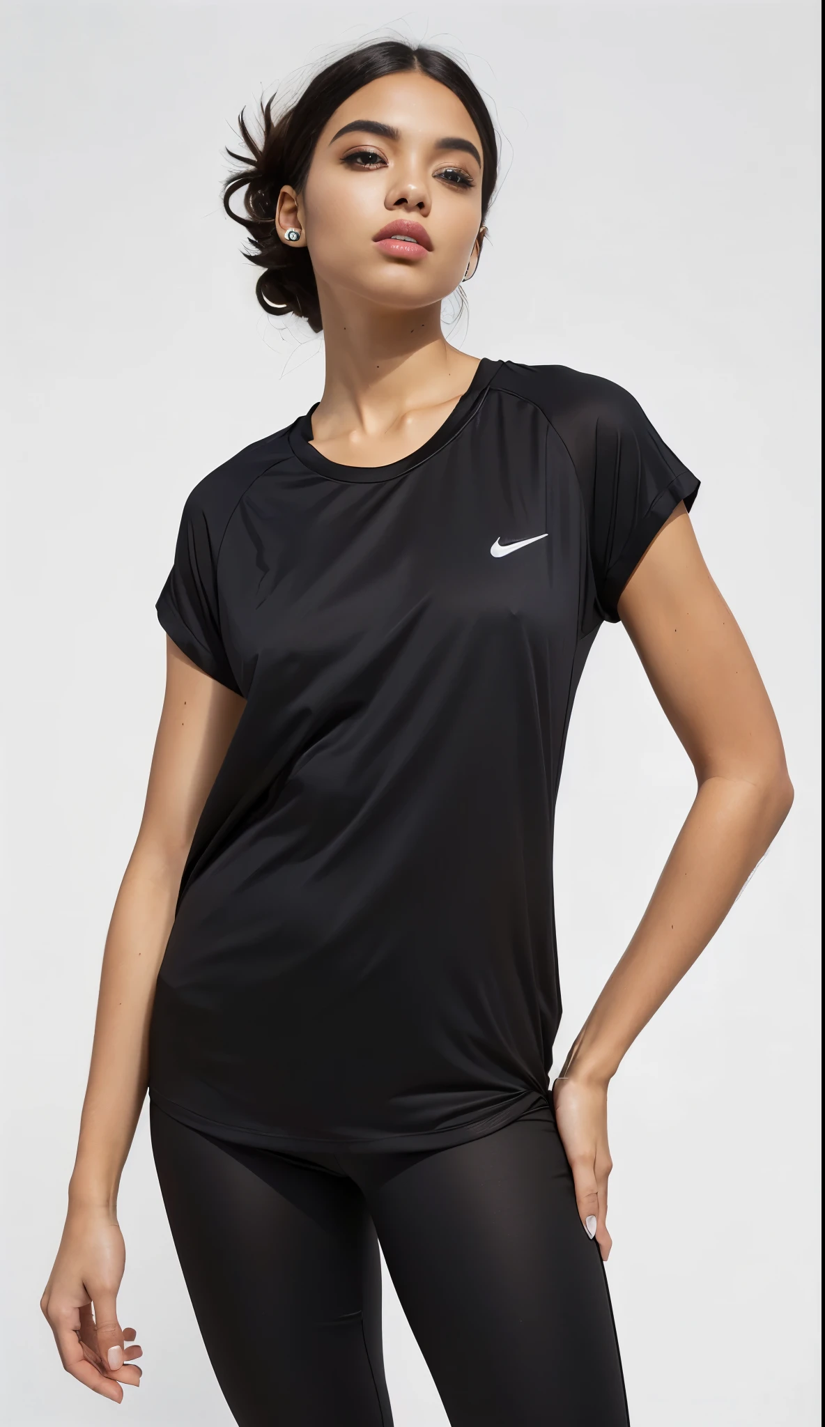 a woman in Top preto and leggings posing for a picture, wearing a Camiseta preta, vestindo camiseta preta, Manga curta, vestindo uma camiseta preta, camiseta preta, camisa preta, camisa nike, camiseta preta, Camiseta preta, wearing a camisa preta, roupa preta, Top preto, camisa de malha, roupas esportivas, camiseta esportiva, camisa preta