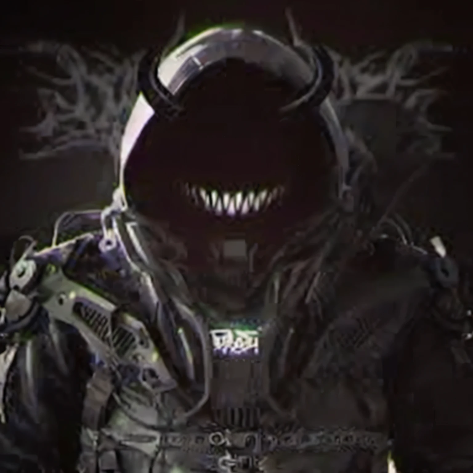 Imagen arafeada de un hombre con un traje oscuro y cara de demonio., chaos nightmare ❄️ amour veneno, an evil alien astronaut, dark supervillano, alien armor, veneno, simbionte, veneno simbionte, armadura oscura, armadura corrupta, villano, mix of veneno and cthulhu, armadura de demonio, cyborg satan, villano, Dark science fiction, venenoized