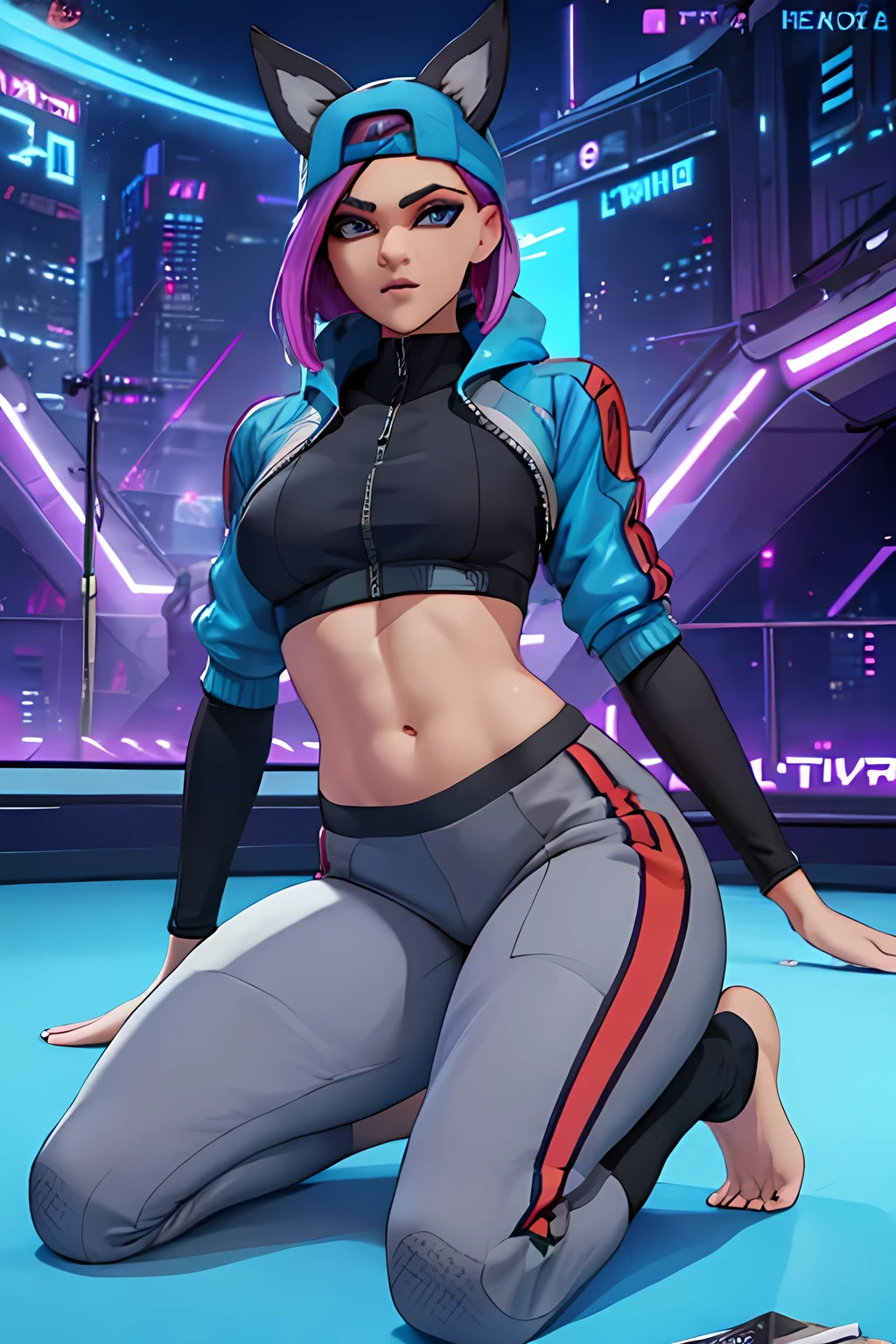 Lynx , sentada, cyberpunk Noche , jogger pants , chaqueta Gris y Azul,Extremadamente detallado, rostro detallado , pies ,hermoso rostro, ojos finos detallados, pose femenino 