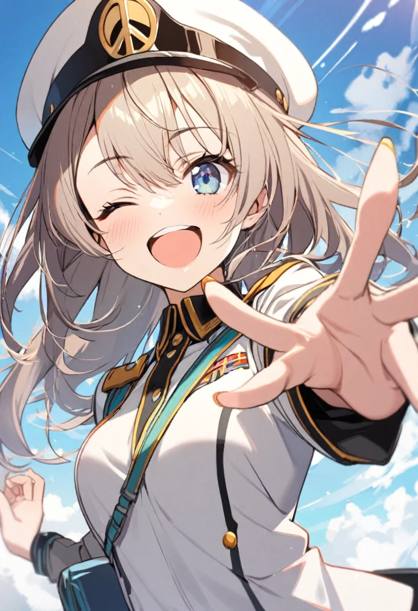 1girl, smile, close one eye, open mouth, peace sign, reaching arm out, uniform
