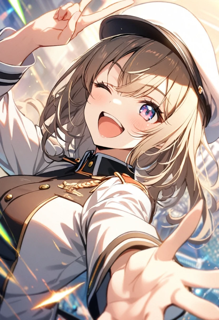 1girl, smile, close one eye, open mouth, peace sign, reaching arm out, uniform