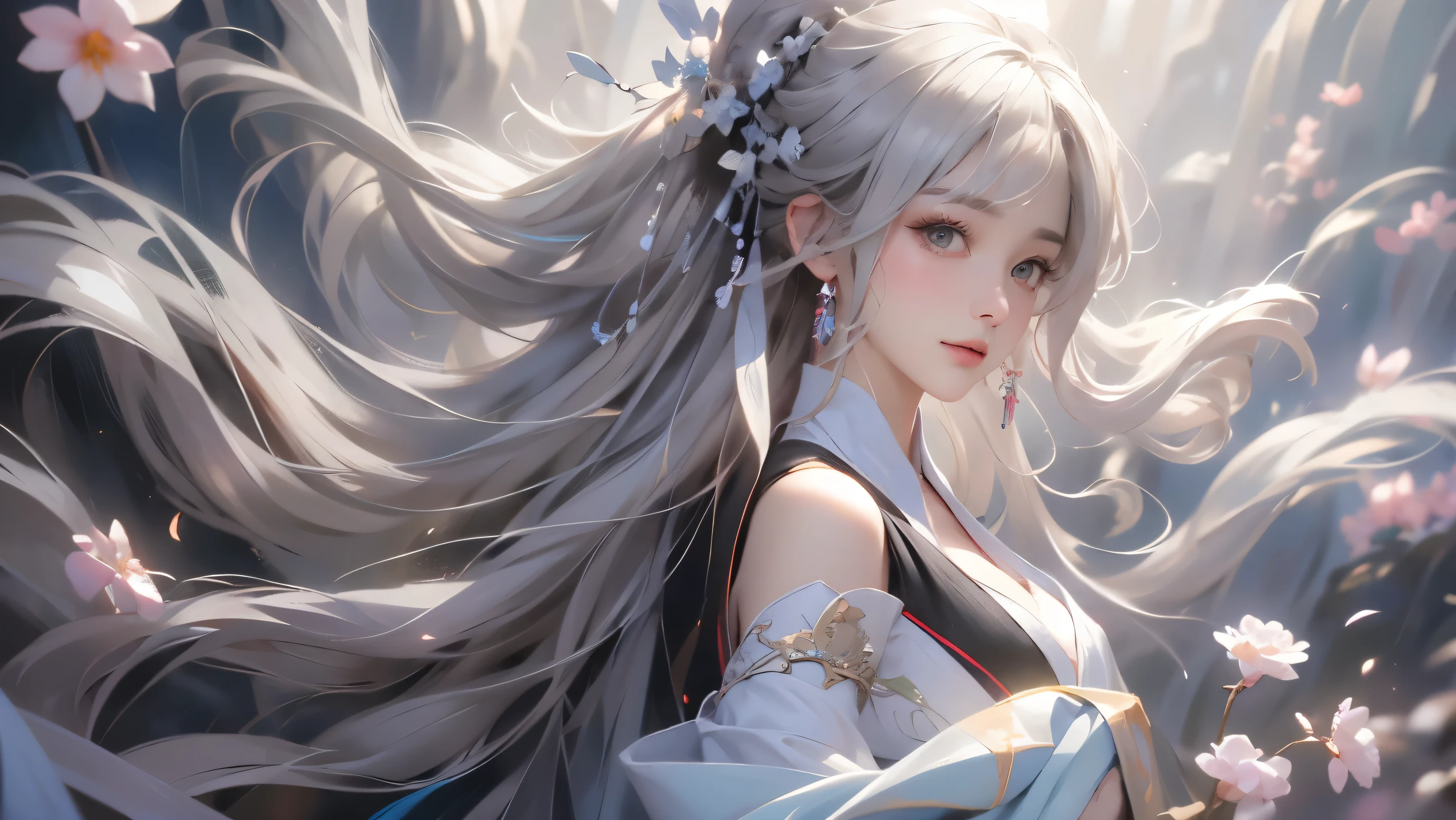 super high quality, masterpiece, Perfect illustration, Extremely detailed (Exquisite light and shadow, A very dramatic picture,Backlight) , ((Gray Hair:1.5))1 girl, alone, (Wearing Han clothes, Black and white Hanfu,monotone,Long sleeves) Flower Field, Flowers, (White smoke:1.3) (Realistic:1.4), Zen Intertwining, Tangled, Official Art, unity 8k wallpaper, Very detailed, Beautiful and beautiful, masterpiece, highest quality, (Dynamic Angle: 1.4), Glowing Skin, (Floating colorful flashes: 1) The most beautiful chaotic shapes, elegant, brutalism design, Bright colors, Romantic Depth of Field Exotic_dance, half_naked、Exposing shoulders、Ample breasts、Great cleavage、（han style、jin style）
