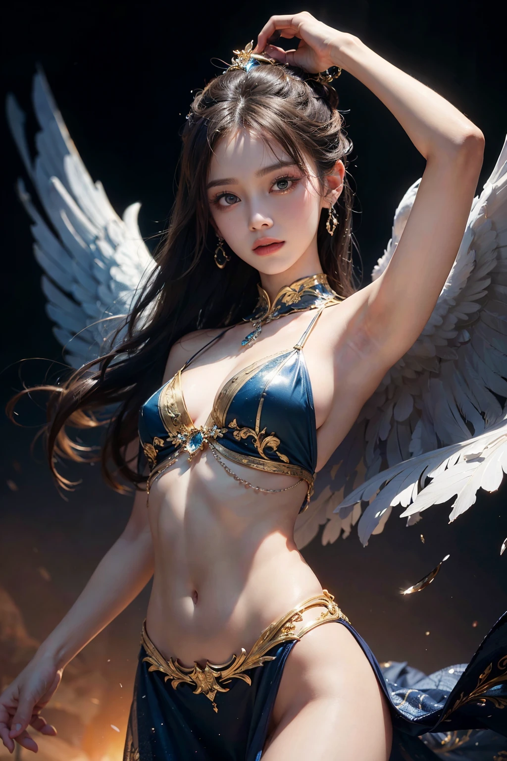((masterpiece)), ((best quality)), ((ultra-detailed)), ((an extremely delicate and beautiful)),cinematic light, Create a stunning fantasy artwork that mimics the style of currently trending masters of the genre,The character in the artwork is a delicate but strong figure with an aura of mystery and magic, Pay close attention to intricate facial features, such as mesmerizing eyes with vibrant colors and bold shading,The character's clothing should be designed with silk, stunning embroidery, dreamy colors, dynamic lighting,Consider the latest trends in fantasy art, such as incorporating unique lighting effects, exploring dynamic and compelling composition techniques, and experimenting with unique color palettes. Take inspiration from the top artists on ArtStation and Midjourney. Camera: Choose an angle that highlights the character's beauty and enhances the magical majesty of the artwork. Lighting: Utilize atmospheric lighting techniques to create depth and mood. Resolution: Aim for a high-resolution artwork to showcase intricate details and clarity. Art Inspirations: Seek inspiration from the trending artists on ArtStation, exploring different styles, genres, and themes.,The main girl is super beautiful,Are thin,Slim figure,Small Bust,Beautiful long and slender eyes,Korean Beautiful Girl,Genius Ballerina,Angel&#39;s messenger beautiful girl,Slim figure,The best ballerina expression,Eyes that stare intently at the other person,A transparent costume made of vinyl that reveals the flesh,Korean Beautiful Girl,The background is a sunrise or sunset on Earth,Beautiful Eyes,The belly button is exposed,Staring straight ahead,Eyes that look sincerely at the other person with love and enthusiasm,