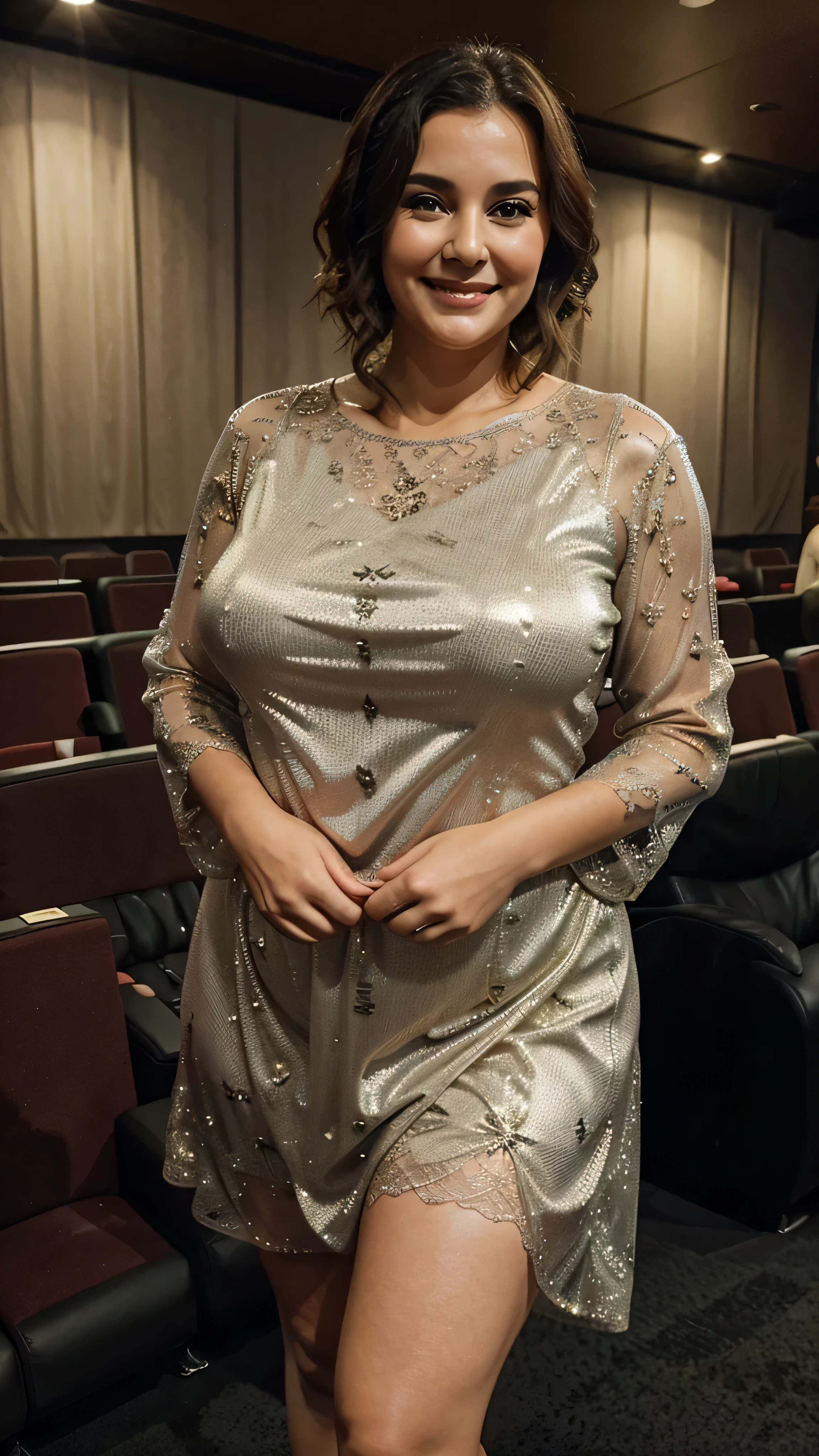 A beautiful and hot almost chubby mature woman.who is wearing a shiny dress with lace-like sleeves and standing in the cinema hall. A smiling face