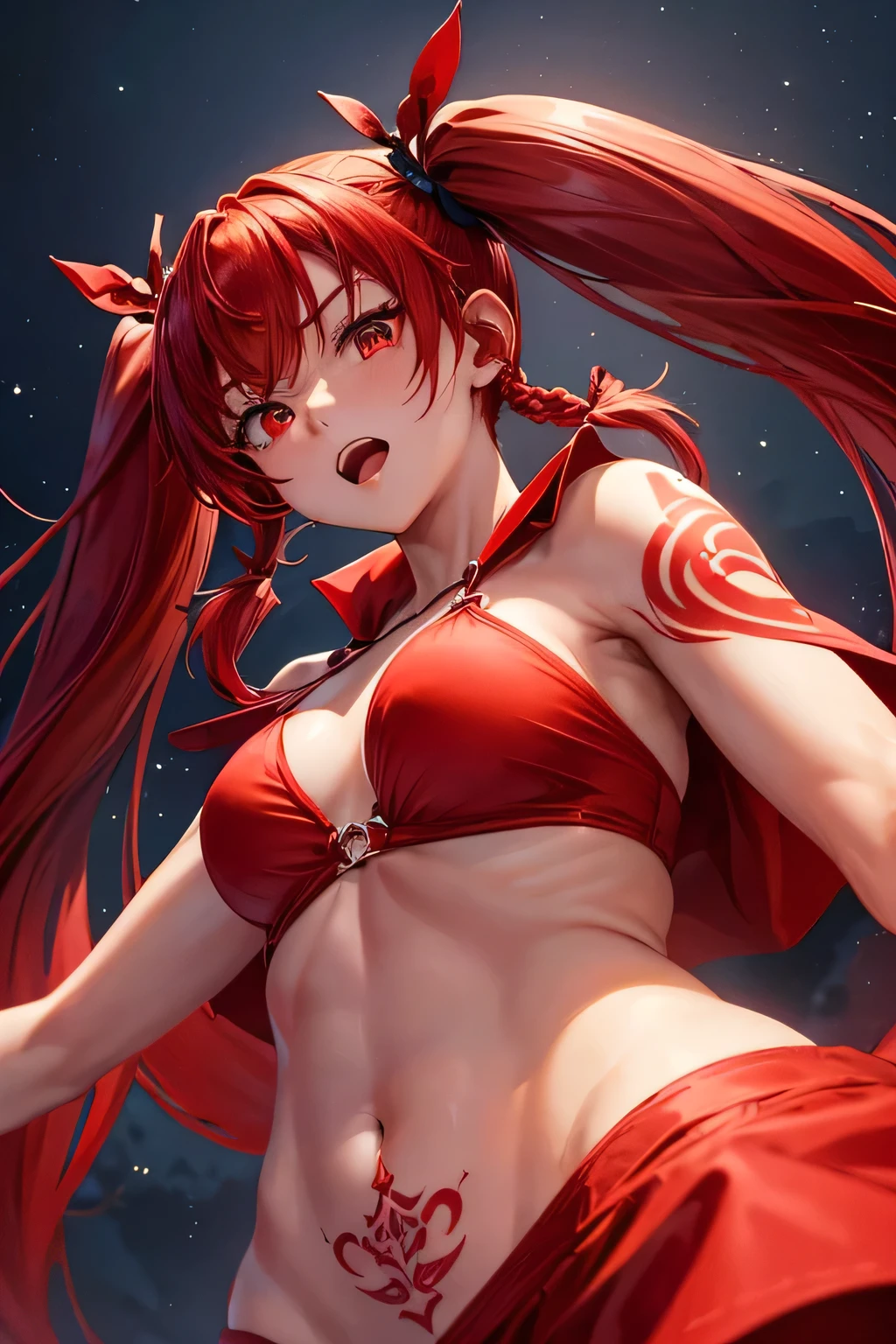 (Cape)、(Raise your right hand)、(Open your mouth)、(((Red tattoo)))、(((Red Bikini)))、Beauty、(((Red hair twintails)))、((whole body))、(((Photo taken from below)))、Night Sky、The background is a night forest