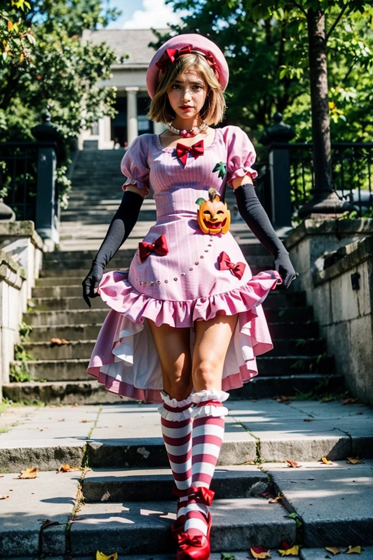(masterpiece),(best quality), 16k CGI render ((photography)), photorealistic, lambdadelta, dress, shoes bow, red shoes, striped stockings, red bow, pink hat, pumpkin brooch, necklace, gloves, pearl, walking, smile, stairs, temple, mountain, forest, looking at the viewer, close up, pretty face, gorgeous, nice legs, 