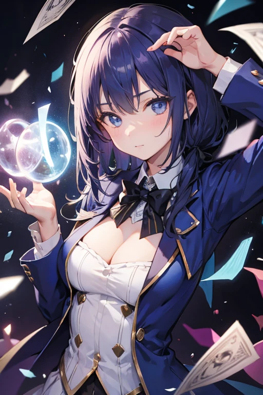 1 girl, Magician&#39;s clothes, ponytail ,white hair, purple eyes, magic circle, blue light, เปลวblue light, Wallpaper, terrain, depth of field, nighttime, light particles, light rays, On the side of the road, thigh, fortune \(set\),Anime, ****, open jacket, skirt, thighสูง, cloud