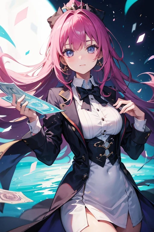 1 girl, Magician's clothes, ponytail ,white hair, purple eyes, magic circle, blue light, เปลวblue light, Wallpaper, terrain, depth of field, nighttime, light particles, light rays, On the side of the road, thigh, fortune \(set\),Anime, ****, open jacket, skirt, thighสูง, cloud