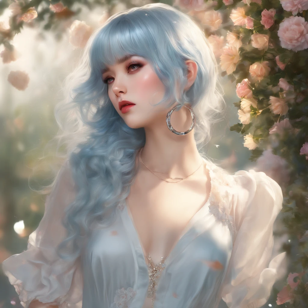 (masterpiece), (highest quality), (Super detailed),(Disheveled Hair),(figure), (One girl), (Fashionable clothes), Are standing, Fashion Model, View your viewers, (interview), (Simple Background),Beautiful fine details, Delicate and beautiful face, floating,(High saturation),(Colorful splashes),Colorful bubbles,(The Shining), Focus on the face, ponytail, kamisato ayaka, Light blue hair, bangs, Hair Ring, Floating Flowers, Floating hair, (The Shining), Best lighting, Best Shadow,
