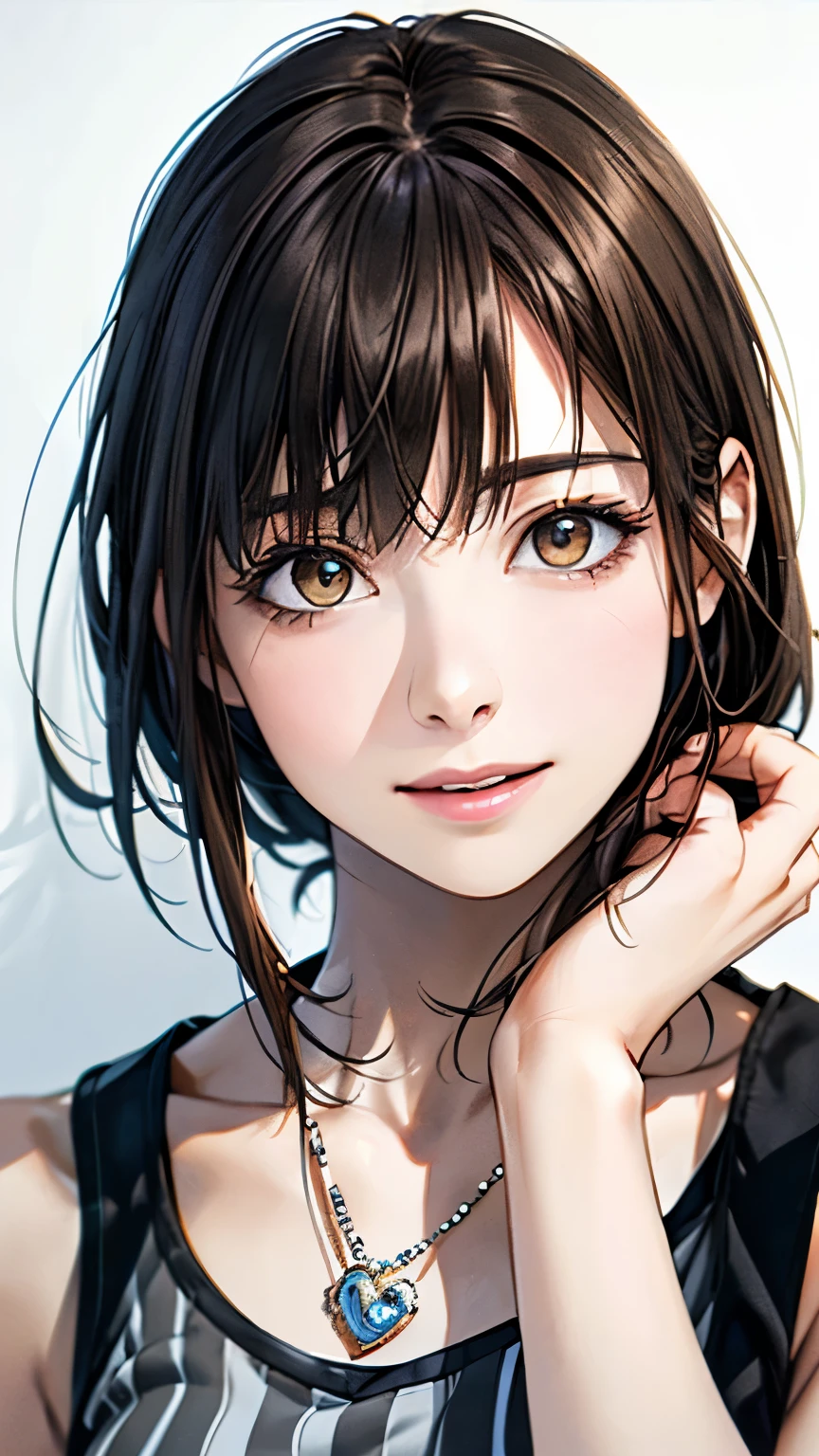(highest quality、8k、32K、masterpiece)、(realistic)、(Photoreal:1.2)、(High resolution)、Super detailed、very beautiful face and eyes、1 girl、round and small face、thin waist、delicate body、(close、highest quality、high detail、rich skin details)、(highest quality、8k、oil paint:1.2)、Super detailed、(realistic、realistic:1.37)、bright colors、(((brown hair)))、(((bust shot)))、(((medium hair)))、(((pure white wall background)))、(((pure white wall background)))、(((White and gray stripes々wear a tank top)))、(((laughing)))、(((I'm wearing a horizontal striped tank top)))、(((look straight ahead)))、(((brown hair)))、(((wearing a heart necklace)))、(((She is wearing a white and gray striped tank top)))、(((her hair is tied up with a yellow ribbon)))、(((Raising hands)))