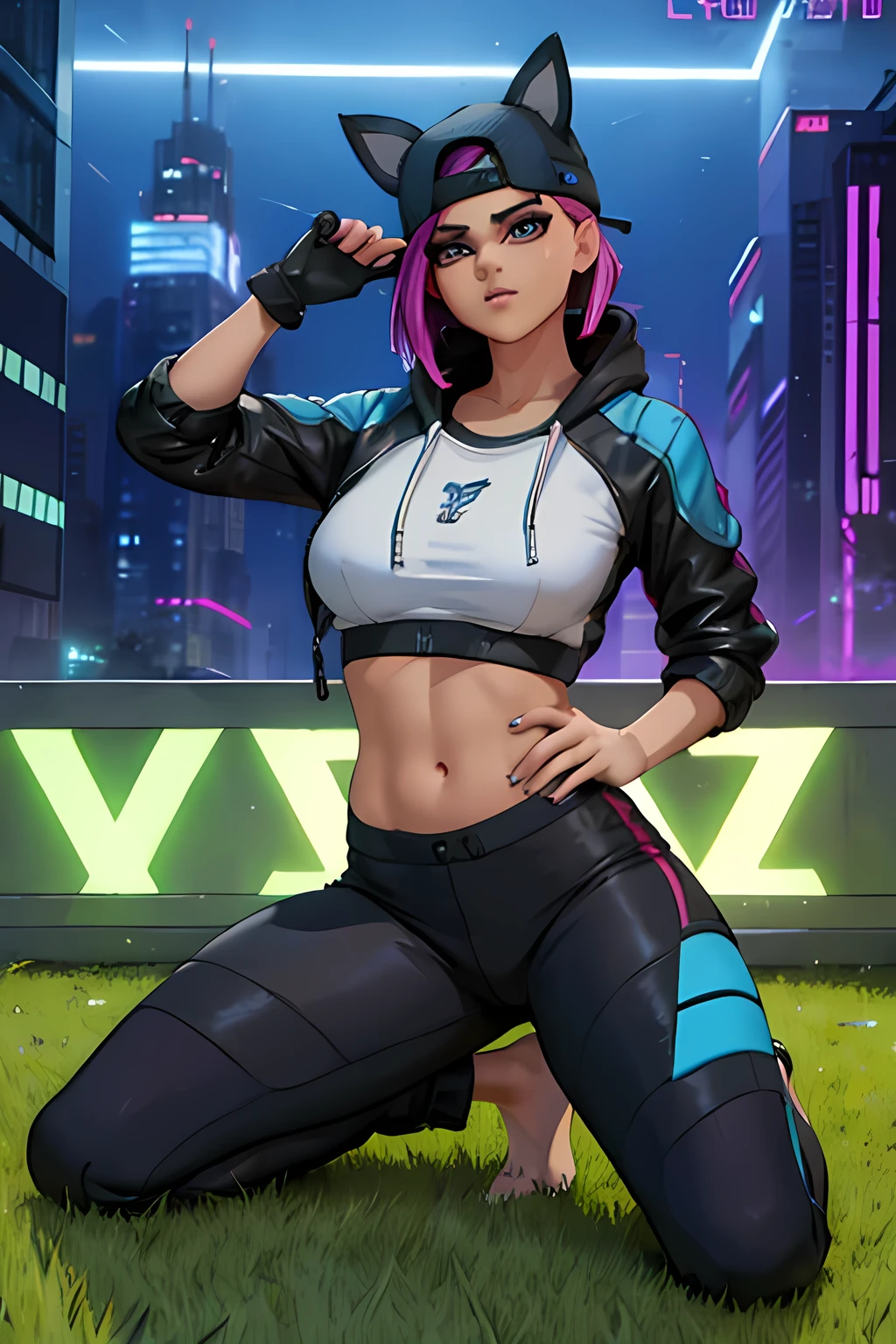 Lynx , sentada, cyberpunk Noche,pies, jogger pants Negro , chaqueta Azul, pies, Extremadamente detallado, rostro detallado, gorra,hermoso rostro, ojos finos, mirando al espectador, pose femenino