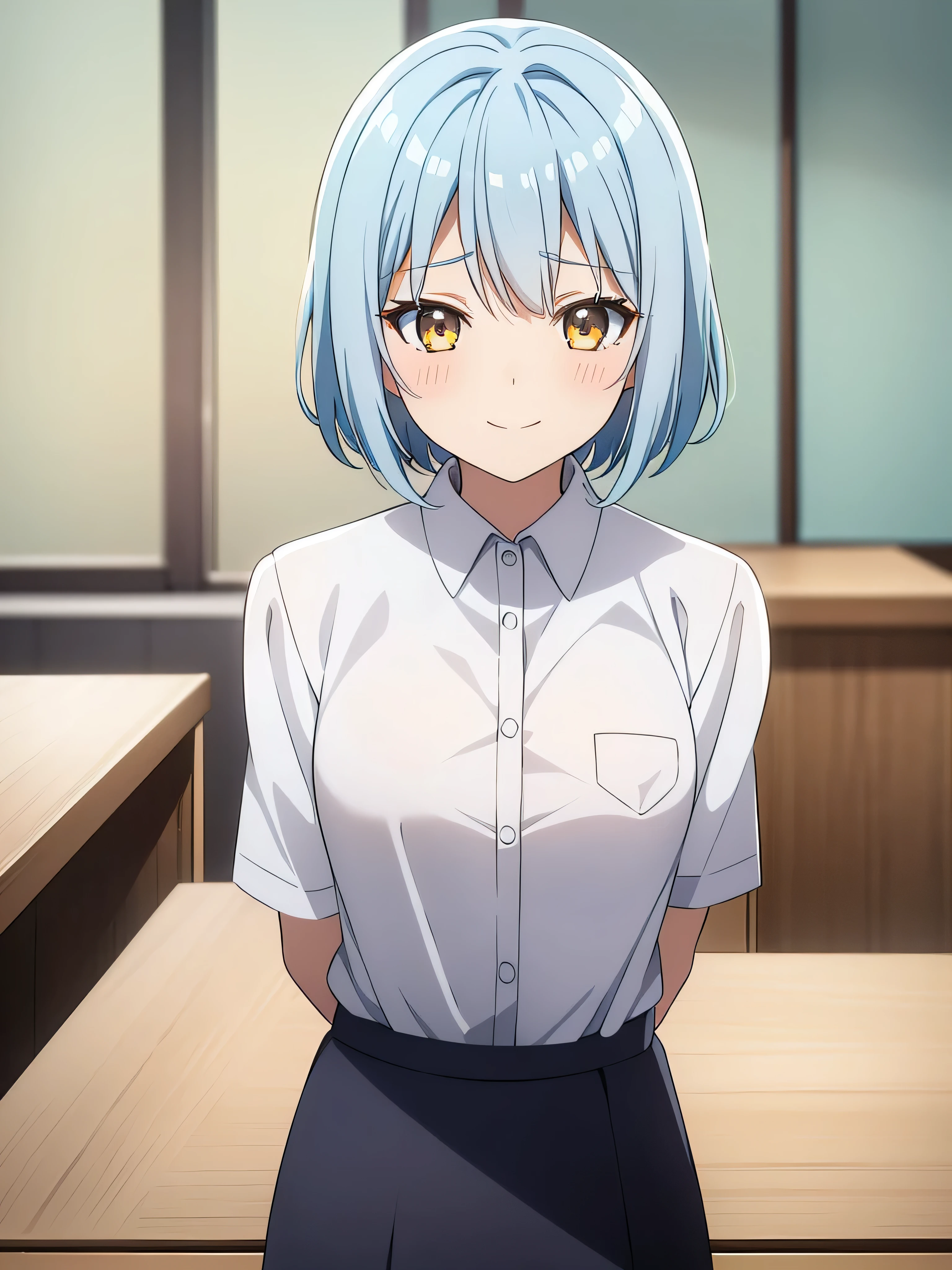 1 girl, short sky blue hair, have bangs, golden yellow eyes, gentle smile, pink cheeks, white skin, looking at viewer, small breast, white shirt, navy skirt, shadow lighting, indoors, school, in class, (masterpiece, best quality, beautiful detailed eyes, detailed face)
