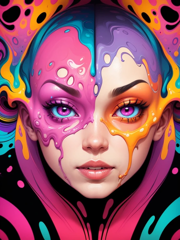 (a person with features distorting and melting into vibrant, abstract patterns),(artistic indoor setup),(photoshop post-processing to exaggerate features and colors),(melting face),(animated),(trippy),(surreal),(vibrant),(abstract),(psychedelic),(fluidity),(conceptual),(psychedelic art)
