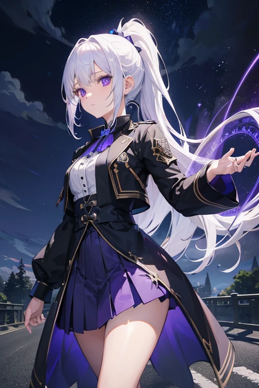 1 girl, Witch clothes, ponytail ,white hair, purple eyes, magic circle, blue light, เปลวblue light, Wallpaper, terrain, depth of field, nighttime, light particles, light rays, On the side of the road, thigh, fortune \(set\),Anime, ****, open jacket, skirt, thighสูง, cloud