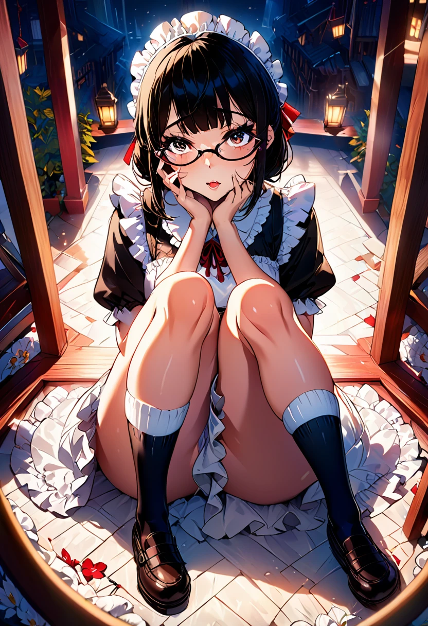 Sitting,Place your hands between your legs,Maid, Glasses, Over the knee socks,Ahegao ,It&#39;s a mess,Sexual Ecstasy,Drunk Eyes,Blunt bangs, Black Hair,(masterpiece:1.2, highest quality), (Beautiful, detailed eyes: 1.2), (Detailed Background,Dark fantasy), (Beautifully detailed face), High Contrast, (Best lighting, Very delicate and beautiful), ((Cinematic Light)), colorful, Hyper Detail, Dramatic Light, Intricate details,